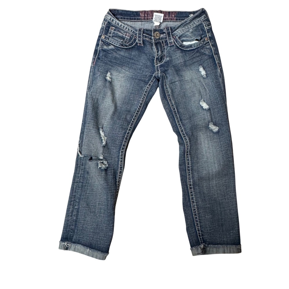 Hydraulic Distressed Jeans Womens 1/2 Blue Denim Low Rise Embroidered PocketsY2K